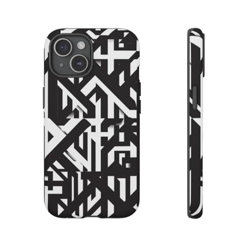 Coque iPhone 15 rigide mate à motif géométrique noir et blanc protectrice