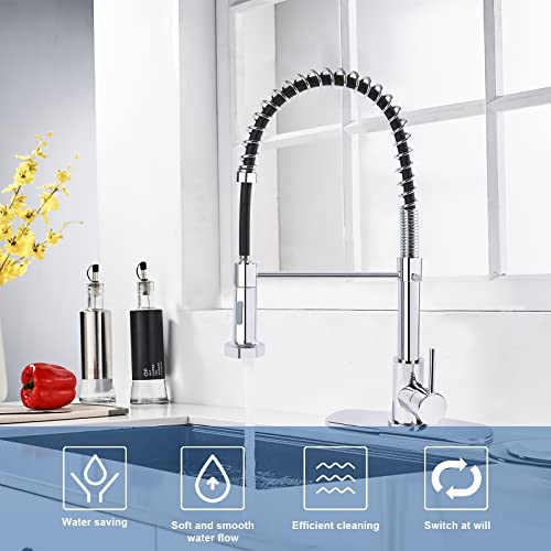 M Oudemei Commercial Pull Down Kitchen Sink Faucet With Dual Function Sprayer, Single Handle Spring Faucets With Deck Plate, High Arc Kitchen Faucet For 1 Or 3 Hole Easy Installation (Chrome) #TOP1