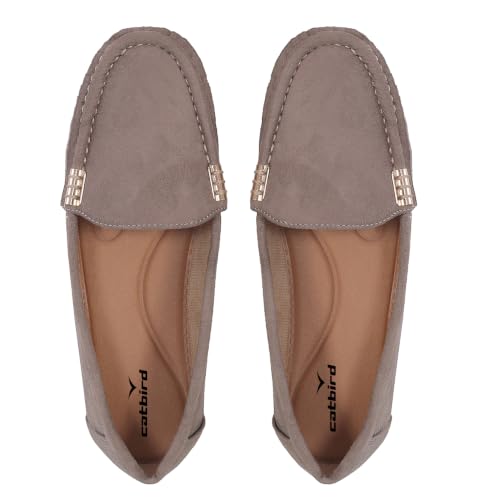 Image of CatBird Women's Suede Finish Loafers | Slip-On Flat Shoes with Minimal Metal Detail | Soft Cushioned Footbed and Flexible Grip Sole | Ideal for Office, Everyday Wear, Travel and Casual Outings