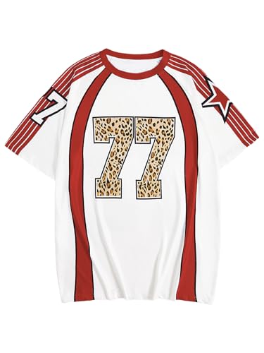 WDIRARA Women's Leopard Number Print Jerseys Oversized Colorblock Drop Shoulder Crew Neck Short Sleeve T-Shirt2