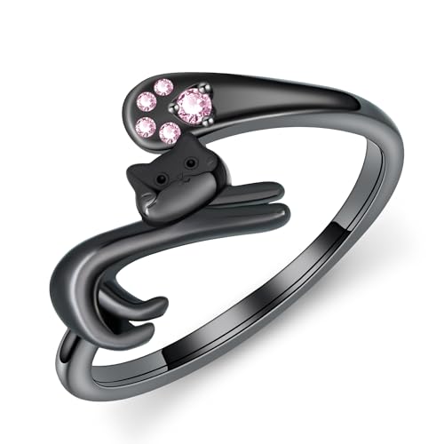Black Cat Ring 925 Sterling Silver Cat Noir Ring Adjustable Black Cat Jewelry Gifts for Women