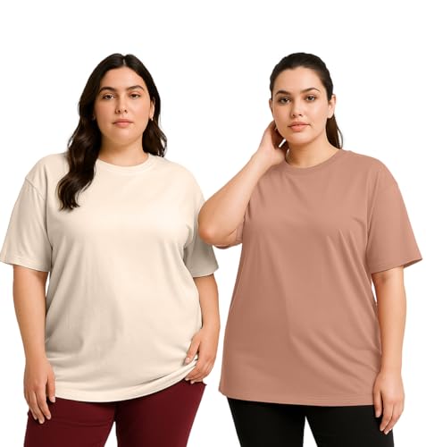Image of JUNEBERRY 100% Pure Cotton Oversized Baggy Fit Drop Shoulder Solid Core Plus Size T-Shirt Combo for Women (Pack of 2) (Sizes from: 2XL to 5XL)