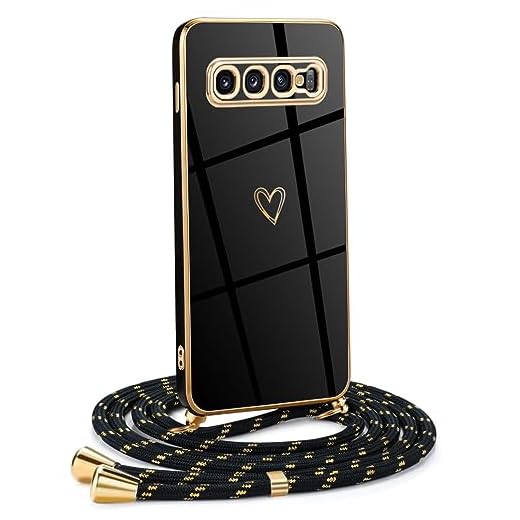 Mkej Frauen Mädchen Handykette Kompatibel mit Samsung Galaxy S10 Plus - Silikon Hülle mit Band - Handyhülle für Samsung S10 Plus Herz Love Design Galvanik - Hülle mit Kordel in schwarzes Gold
