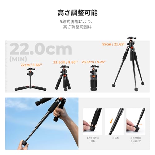 カメラ三脚K&F CONCEPT ミニ三脚 アルミ合金製55cm、正折式デスクトップ三脚、BH-25L低重心ボール雲台付属、1/4インチクイックリリースプレート、一眼レフ/ミラーレス/スマホなど対応、耐荷重6kg、E字型スマホホルダー付属
