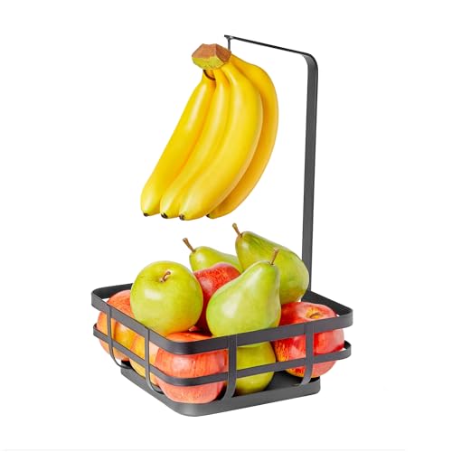 Spectrum Fruit Basket with Banana Hook Modern Black Steel Wire Kitchen Counter Organizer Basket for Fruit and Veggies, 2 in 1 Space Saving Storage for Countertops