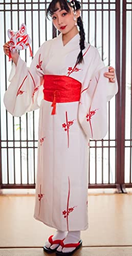 Japanese Anime Women's Kimono Robe Geisha Yukata Sweet Dress Blossom Satin Bathrobe Sleepwear Fans Tabi Socks Set White Sakura3