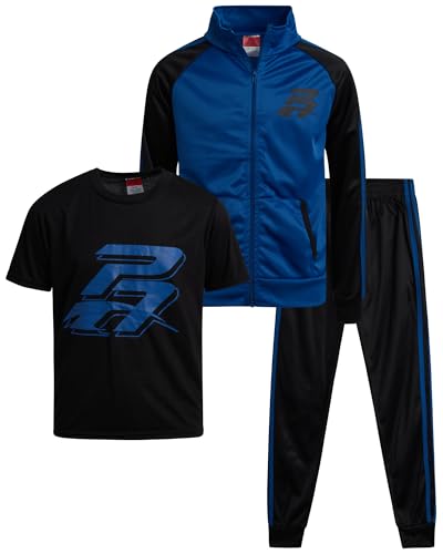 Pro Athlete Boys Tracksuit Set - 3 Piece Breathable Tricot Zip Up Sweatshirt Athletic Graphic Tees & Jogger Sweatpants, Size 10, Blue/Black