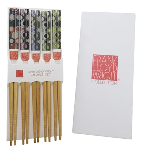 Ebros Gift Pack Of 5 Frank Lloyd Wright FLW Reusable Bamboo Wood Colorful Ridged Chopsticks Pairs Set 9"Long Asian Fusion Cuisine Dining Dinnerware Accessory (Imperial Hotel Oya Carving)