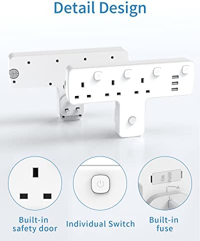 Plug Adapter, Mscien Extension Plug with 3 USB, 3 Way Multi Plug Adaptor UK with 180 Degree Rotation Button, Wall Plug Extender Individual Switches, Surge Protected Multiplug Socket Adapter