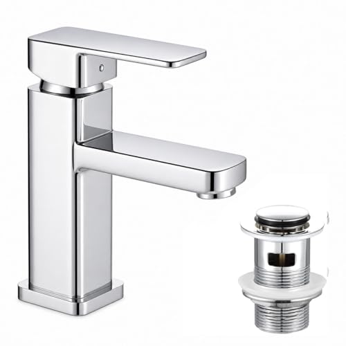 Image of Bathroom Basin Mixer Tap with Popup Waste Slotted – Monobloc Sink Tap, Single-Hole Design with Hot & Cold Hoses for Bathroom, Washroom, Cloakroom & More - Chrome
