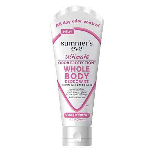 Summer's Eve Simply Sensitive Whole Body Deodorant for Women, Aluminum-Free Ultimate Odor Control Cream, 3 Oz