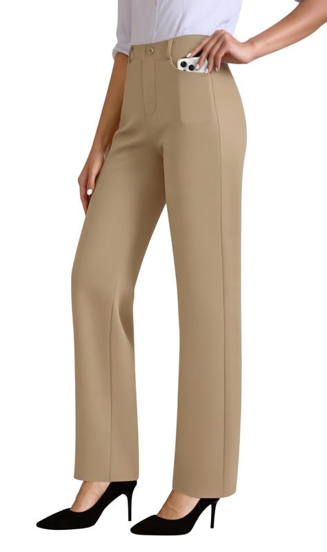 JEKAOYI Womens Dress Pants Stretchy High Waisted Pull On Work Slacks Khaki | Slim Fit Straight Leg, Elastic Waist, Pockets, Decorative Button, Business Casual Style, Suitable for Office