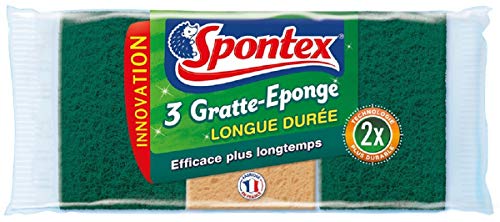 SPONTEX - Gratte-Eponge Longue Durée - 3 éponges grattantes vertes - 2x plus durable