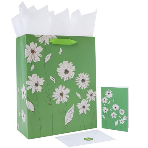 wishinside 13” Large Flowers Green Gift Bag Set with Handles,