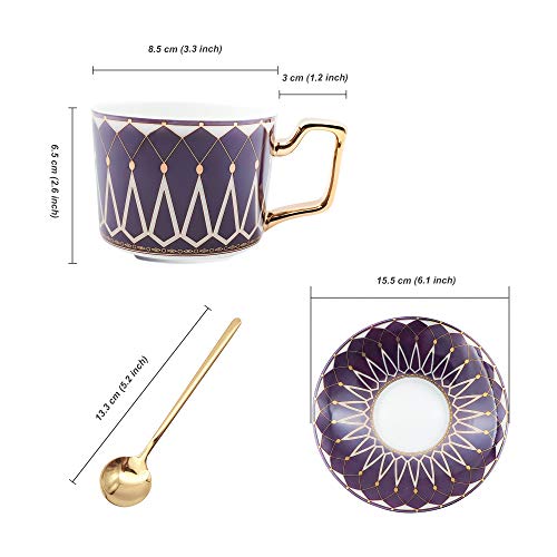 Tea Coffee Cups - 7.4Oz Bone China Ceramic, Beautiful Matte Glazed Tea Cup With Saucer And Spoon - Purple #TOP2