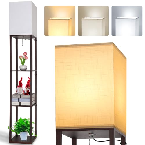 LED Stehlampe aus Holz, Braun Stehleuchte mit Regal, Standlampe mit Birne 3 Farbtemperaturen Licht, Retro Nachttischlampe mit Lampenschirme und E27 Fassung für Wohnzimmer Büro Flur Ecke Schlafzimmer,
