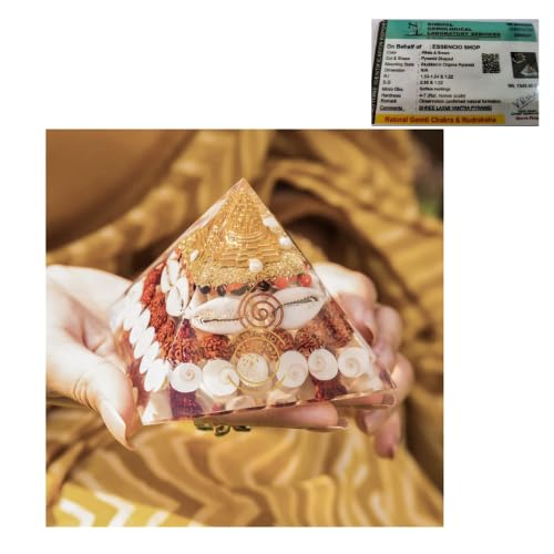 Essencio Energised with Vedic Mantras Certified Shri Yantra Gomti Chakra Laxmi Orgonite Pyramid - 90mm - Pooja Vastu Items for Home with Rudraksha, Gomati Chakra (Wealth Pyramid)