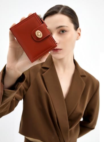 Small Wallet for Women Girls Aesthetic Bifold RFID Blocking Cute Card Holder Leather Mini Short Purse with Zipper Coin Pocket-Flower Lock -red2