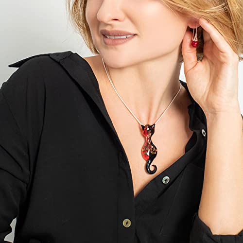 Glassofvenice Murano Glass Cat Pendant - Black And Red #TOP4