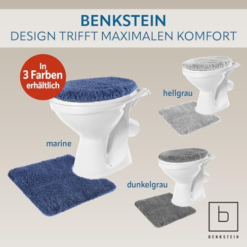 BENKSTEIN WC-Vorleger-Set 2-teilig in blau | weich & rutschhemmend – Badgarnitur mit WC-Vorleger (50 x 55 cm) & Deckelbezug (49 × 51 cm) | flusenfrei & waschmaschinengeeignet | kuscheliger Badteppich