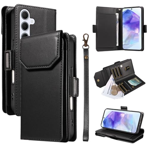 Étui portefeuille cuir Samsung Galaxy A55 5G antichoc avec dragonne