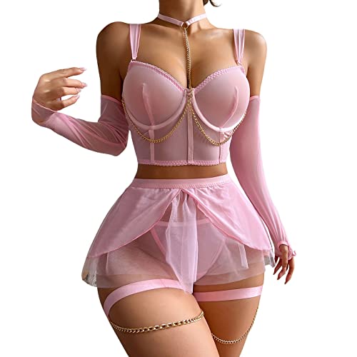 Soporte Superior de y Sexy para Mujer con pequeño y Anillo de Grande Reunido con Ropa Interior con Almohadilla para el Pecho Conjunto Divertido de Estilo Dividido de Puntos Lencería (Pink, M)