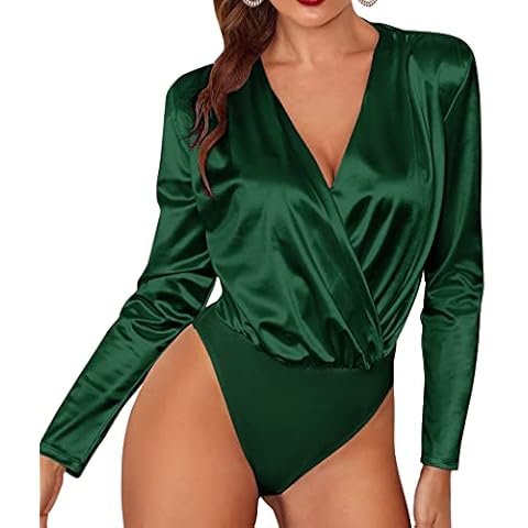 Chigant Satin Bodysuit for Women Long Sleeve Silk Body Suit Blouse V Neck Satin Leotard Top Cover