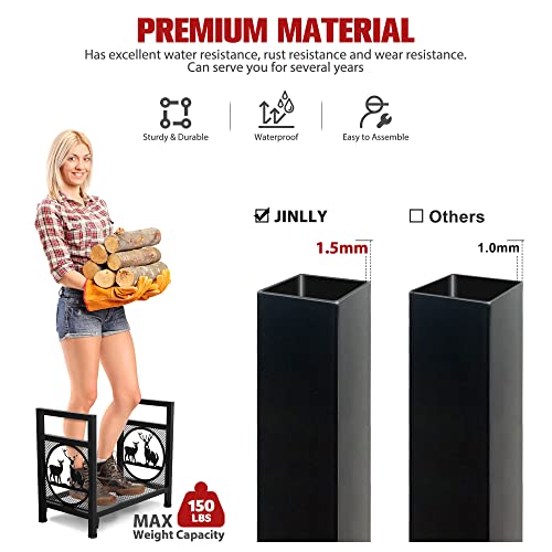 Jinlly Firewood Rack, 17.7 Inch Log Wood Storage Rack Holder With Elk Design, Adjustable Foot Pads And Handle, Outdoor Indoor Iron Fire Wood Rack Holder For Fireplace #TOP4