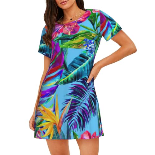 Chemise de nuit rose aux plantes tropicales pour femme du S au 3XL