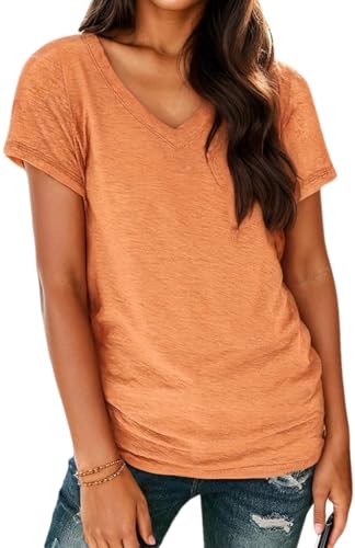 Ryaiwi Solid Short Sleeve Shirts for Women, Soft V Neck Tshirts Shirts for Women Loose Fit Lightweight Basic Tee Tops Orange