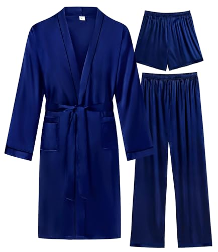 Image of SWOMOG Mens 3 PCS Satin Robe with Pants & Shorts Set Kimono Bathrobe Long Sleeve Sleepwear Pjs Sets with Pockets