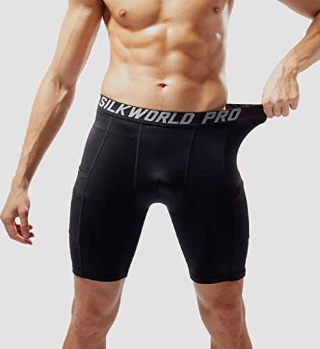 SILKWORLD Men's Compression Shorts Pockets Sports Running Tight (Small, Black/(Pack of 1)) - Thumbnail 3