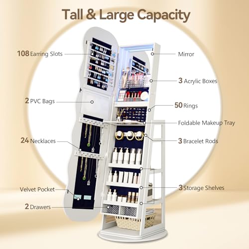 MDGC 360°Swivel Wavy Full-Length Mirror with Storage Shelves,Jewelry Organizer with 3 LED lighted Interior Mirror, Lockable Wide Mirror with Jewelry Storage(White)