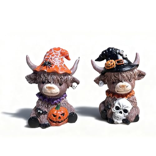 Bokynu Highland Cow Figurine Decor Halloween Resin Highland Cow Statue Kitchen Decorations Indoor Calf Lovers Gifts (2 Pcs)