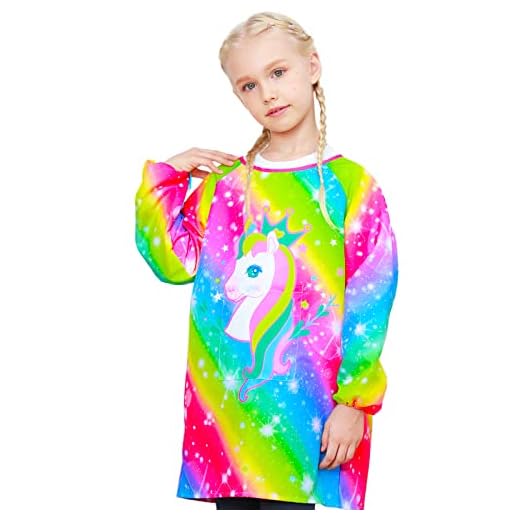 Sylfairy Kids Art Smocks for Painting, Waterproof Artist Rainbow Unicorn Aprons for Children Long Sleeve Toddler Apron Smock with Pocket (Rainbow,Large)
