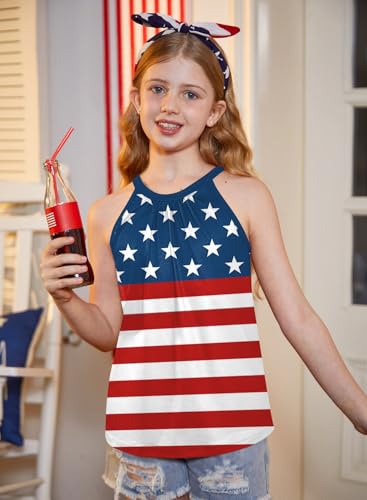 Image of BesserBay Girls Summer Back Button Halter Neck Tank Top Cold Shoulder Casual Blouse Pleated Sleeveless Shirts 5-14 Years
