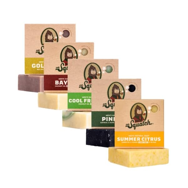  Dr-Squatch-All-Natural-Bar-Soap-for-Men-5-Bar-Variety-Pack-Summer-Citrus-Cool-Fresh-Aloe-Gold-Moss-Bay-Rum-and-Pine-Tar