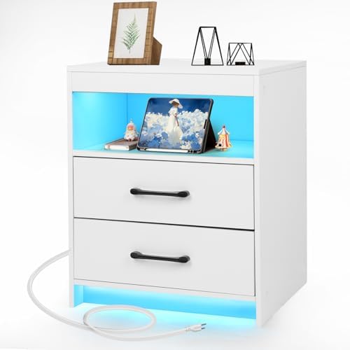 Night Stand with Charging Station and Ambient Light, LED Nightsta...