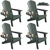 FOOWIN Folding Adirondack Chair Set of 4, HDPE Adirondack Chairs with Cup Holder, Weather Resistant Plastic Fire Pit Chairs for Outdoor, Patio, Lawn, Garden, Backyard, Deck, Green