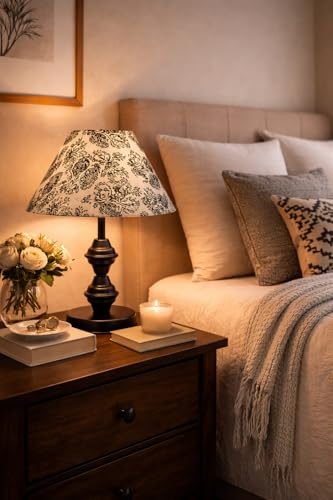 Image of Modern Table Lamp with Midnight Paisley Bloom Satin Shade | Metal Iron Base Decorative lamp for Living Room| Decorative Lighting for Living Room, Study & Home Decor, Designer Table Lamp for Gifting