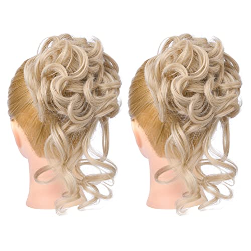HOOJIH 2PCS Messy Bun Hair Piece, Tousled Updo with Tendrils Hair Bun Extensions Wavy Curly Hair Wrap Ponytail Hairpieces Hair Scrunchies for Women Girls - light blonde mixed