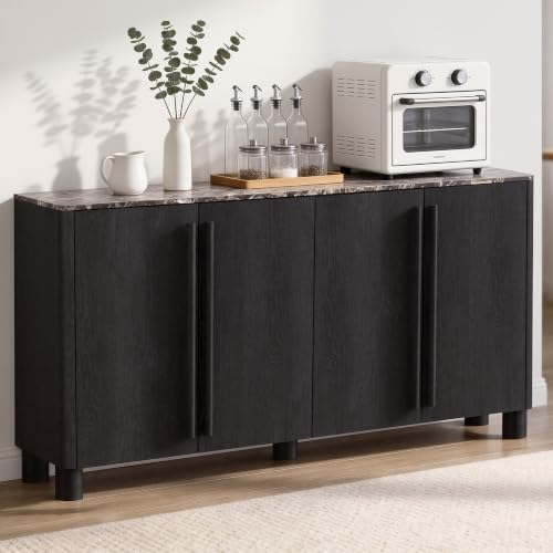 Image of 65 inch Sideboard Buffet Cabinet with Storage, Wood Grain Top Credenza with Adjustable Shelves, Curved Accent Cabinet with Round Legs for Dining Room, Living Room, Entryway, Coffee Bar, Black Grey