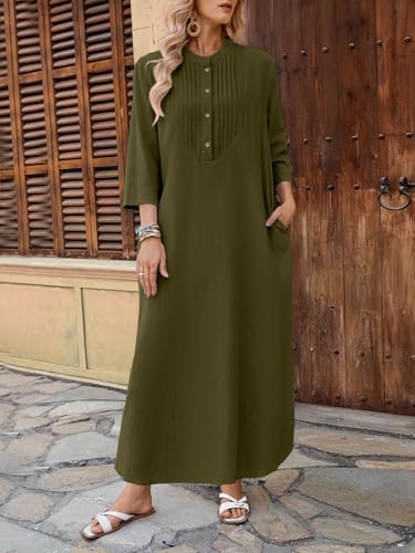 Image of Celmia Autumn Solid Loose Long Maxi Dress Cotton Caftan