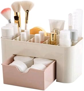 Organizador de Maquillaje Color Blanco con Cajon en Color Rosa y Compartimentos, Almacenaje de Maquillaje, Cosméticos, Productos de Belleza y Joyería, Ideal para Cómoda, Dormitorio y Cuarto de Baño
