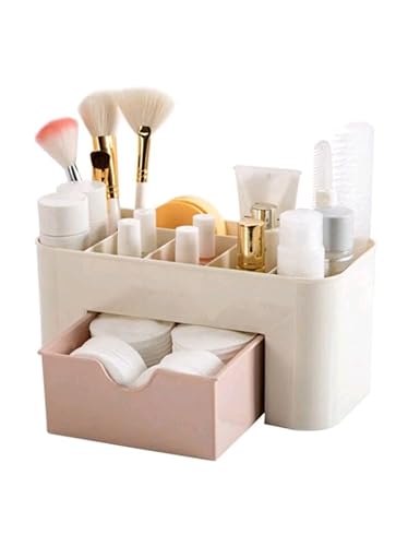Organisateur de maquillage blanc avec tiroir rose et compartiments, rangement de maquillage, cosmétiques, produits de beauté et bijoux, idéal pour commode, chambre et salle de bain