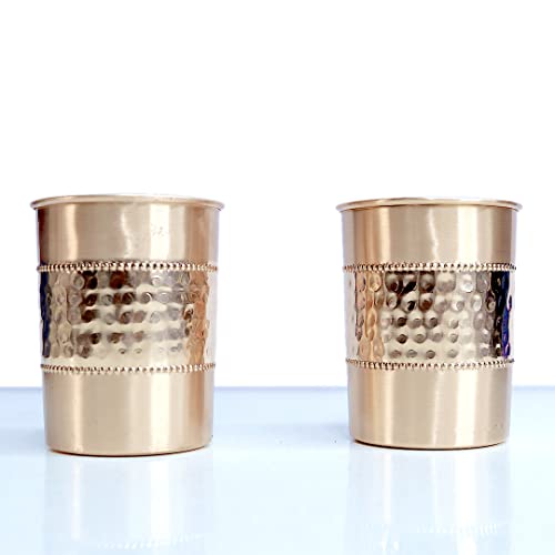 REYU Crafts (Set of 2) Pure Copper Half-Hammered Straight Glass Tumbler Set of 2, Drinkware, 300 ML Each, 80 Grams (Pack of 2)