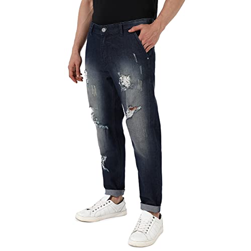 Campus Sutra Men's Dark Blue Ripped Dark-Wash Denim Jeans | Stretchable Cotton Mid-Rise Denim Jeans Crafted with Comfort Fit and High Performance for Everyday Wear