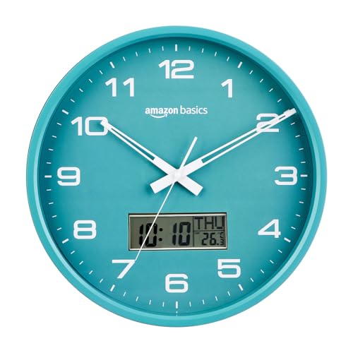 Image of Amazon Basics 12.5 Inch Analog Digital Wall Clock with LCD Display | Calendar Day Date Temperature | Silent Non-Ticking Sweep Movement | Large Dial Visibility | Dual Battery Powered (Sea Green)
