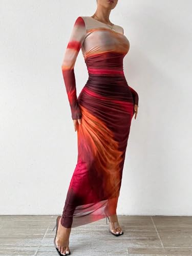 Image of Women's Tie Dye Long Sleeve Maxi Dress Mesh Bodycon Ruched Night Out Formal Cocktail Long Dress for Wedding Guest Party