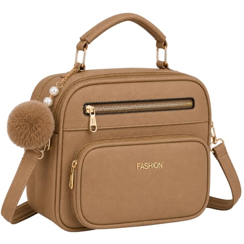 Bolsa Feminina Baú Transversal tamanho Médio em couro PU com Alça De Ombro removível Tiracolo (Caqui)